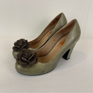 Miz Mooz Olive Heels with Dark Brown Floral Detail